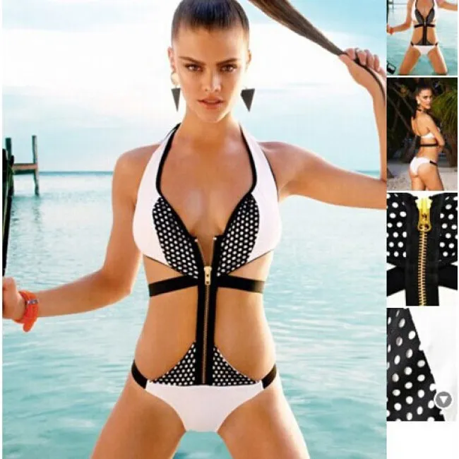 Stylish One Piece Zipper Wireless Halter Strapped Bikinis