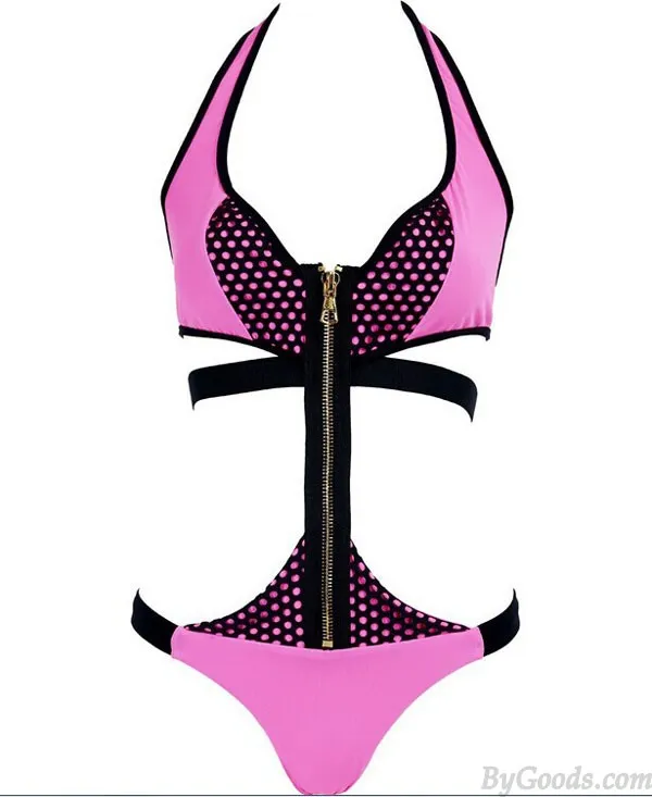 Stylish One Piece Zipper Wireless Halter Strapped Bikinis