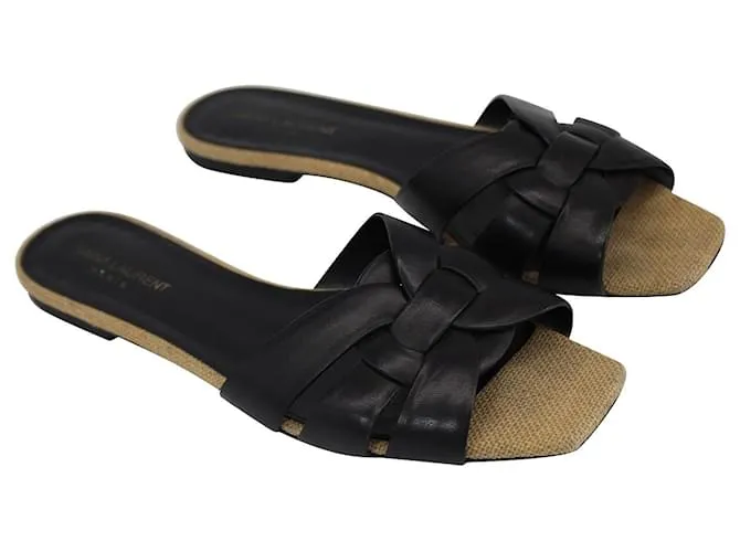 Tributo de Saint Laurent 05 Sandalias Slide en Piel Negra Negro 