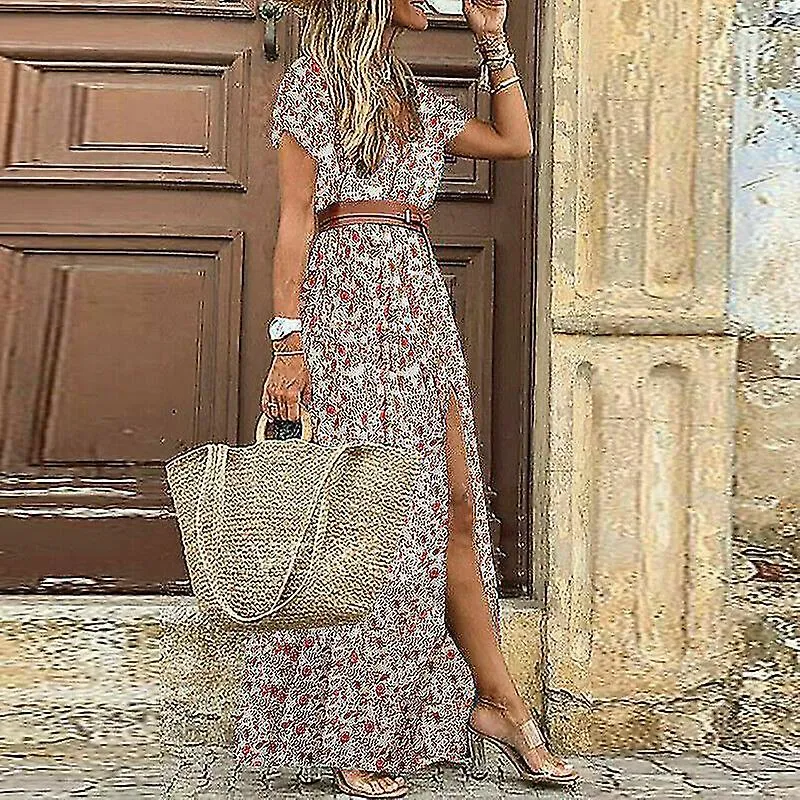 Women Summer Boho Ruffle Maxi Beach Dress Ladies Party Floral Long Sundress -aqwg