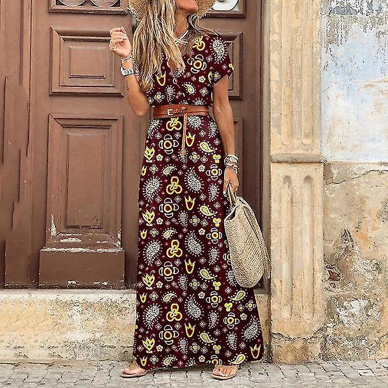 Women Summer Boho Ruffle Maxi Beach Dress Ladies Party Floral Long Sundress -aqwg